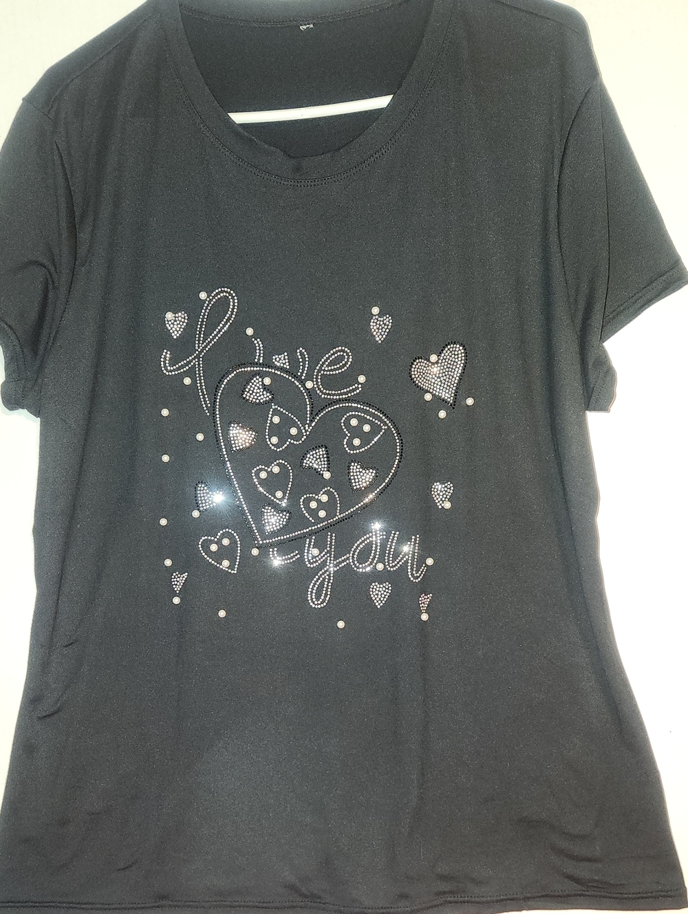 Womans Black Rhinestone 'Love You' Short Sleeve Tee - Hearts Graphic
